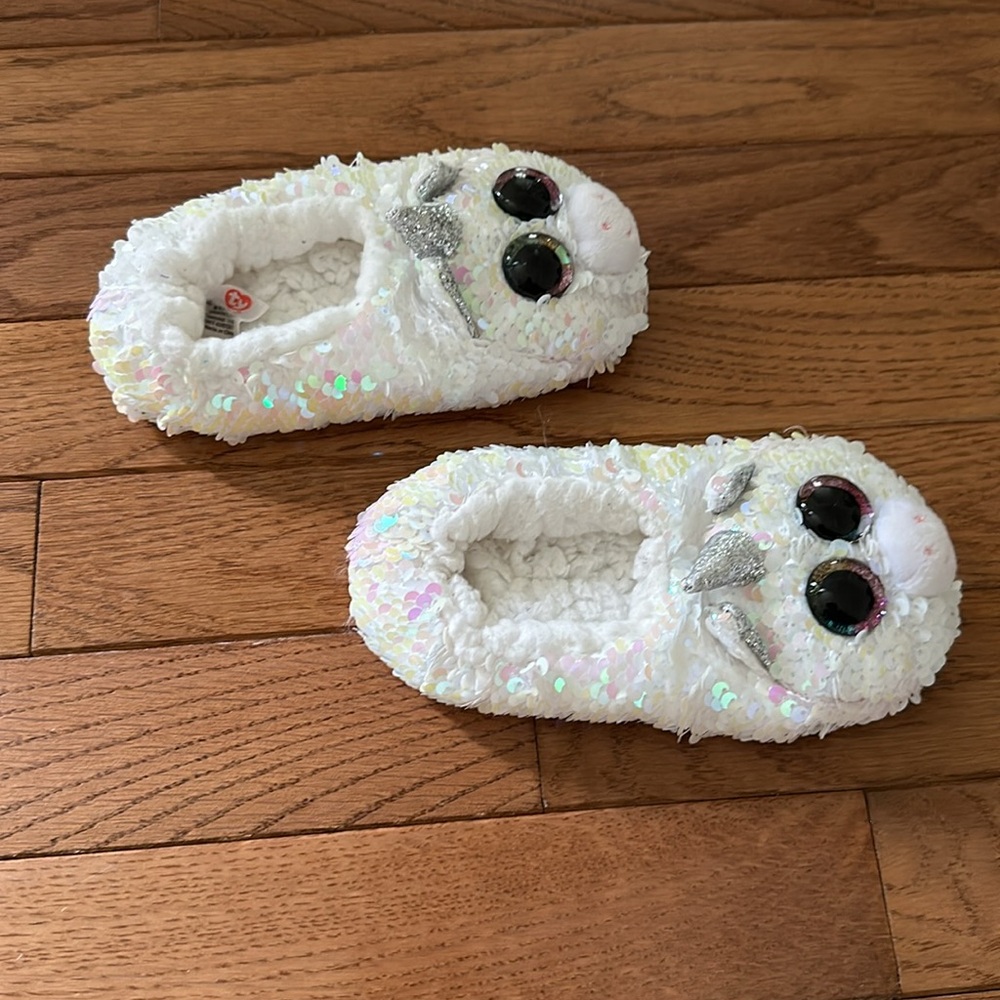 🦄 TY Unicorn Slippers sequins white pink size 11-12-13 youth girls slippers